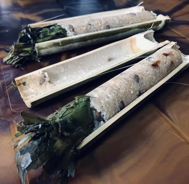 Rice cooked in bamboo, a common style in Northeast India